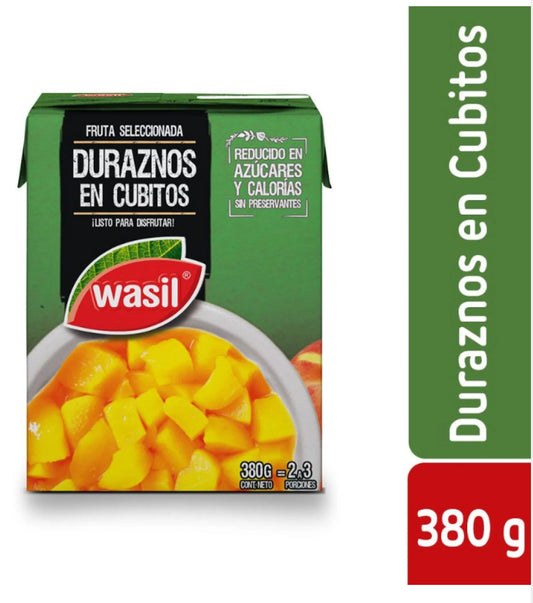 Duraznos en Cubitos Wasil Caja, Neto 380 g