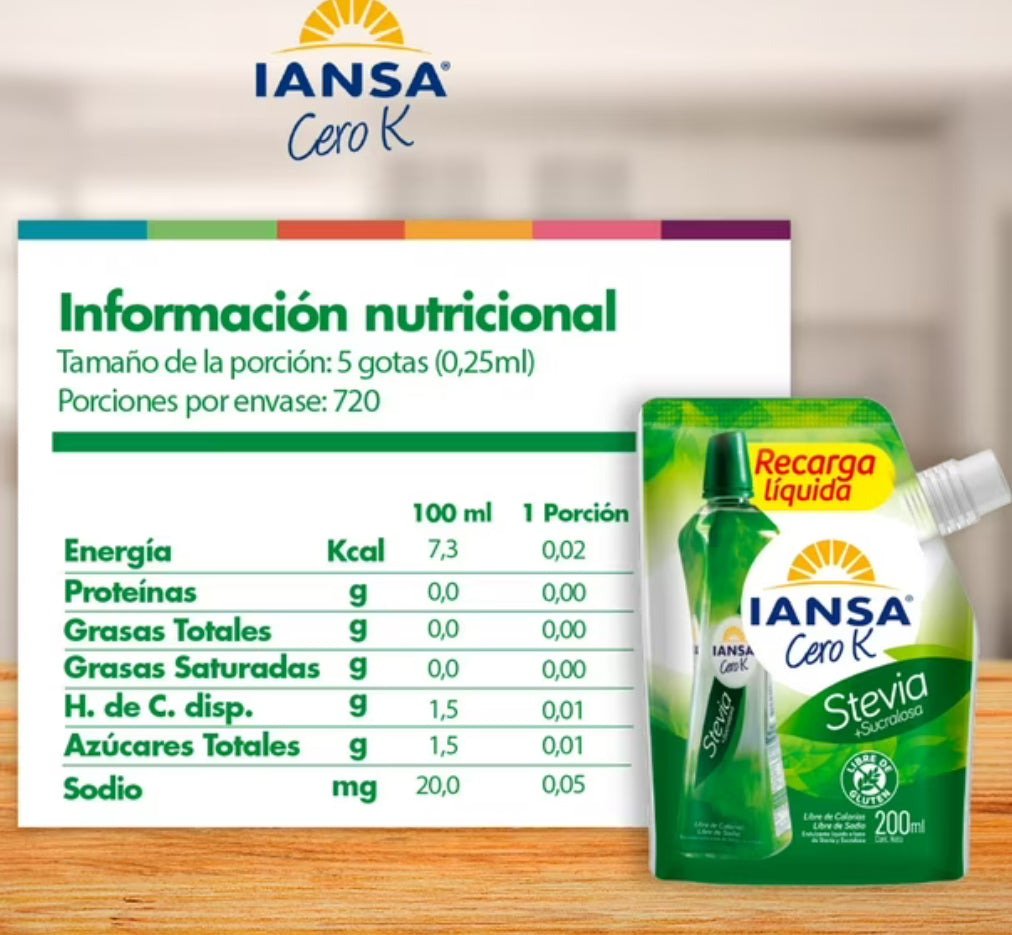 Iansa Cero K
Stevia Sucralosa Recarga, 200 ml