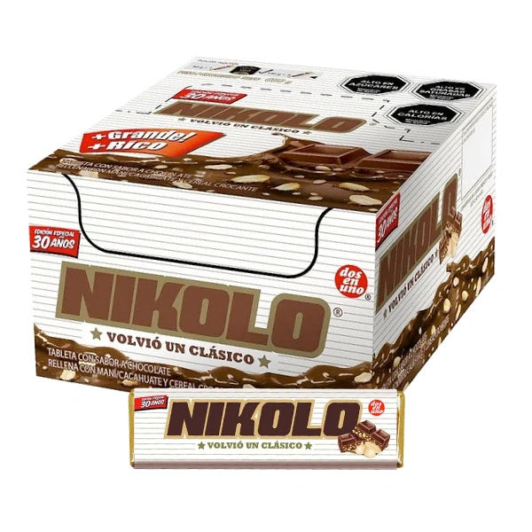 Chocolate Nikolo 24 gr, relleno con maní cacahuate y cereal crocante