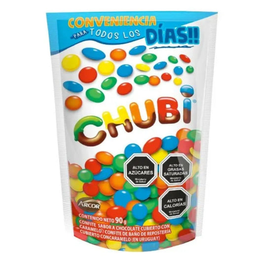 Chubi confites sabor a chocolate cubierto con caramelo 90 grs