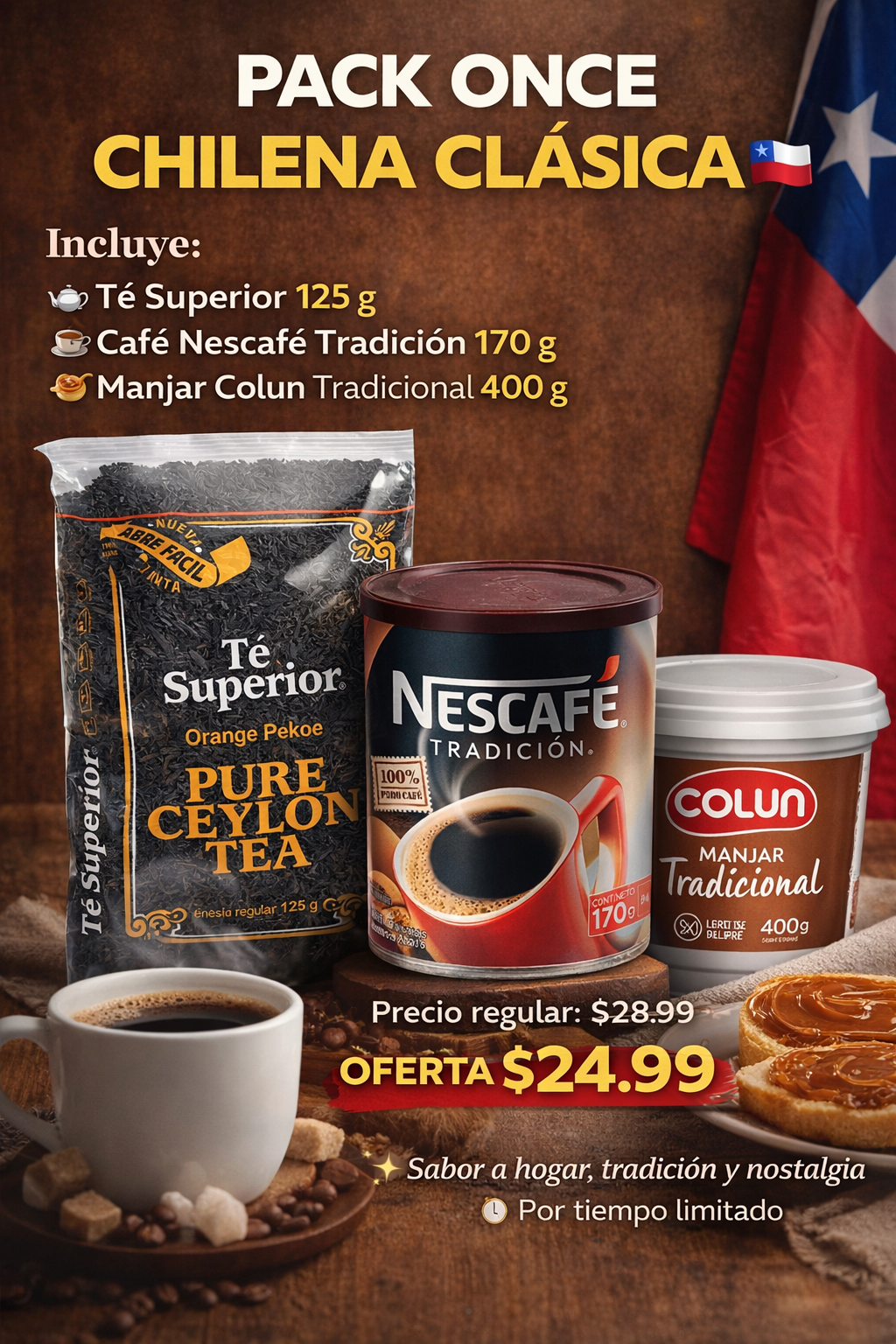 Pack Once Chilena 🇨🇱 (manjar +cafe + te)
