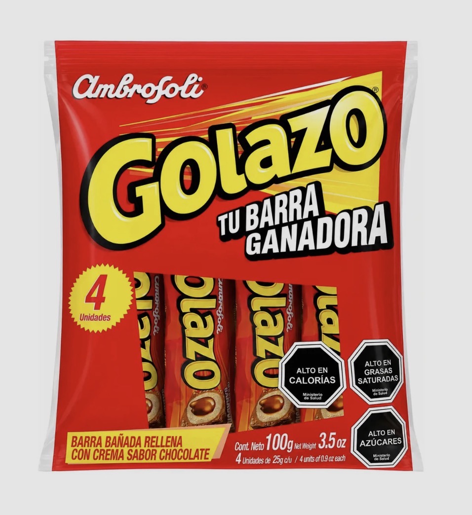 Pack 4 un de 25 gr C/U Barra bañada sabor chocolate Golazo Ambrosoli