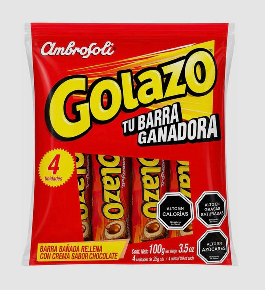 Pack 4 un de 25 gr C/U Barra bañada sabor chocolate Golazo Ambrosoli