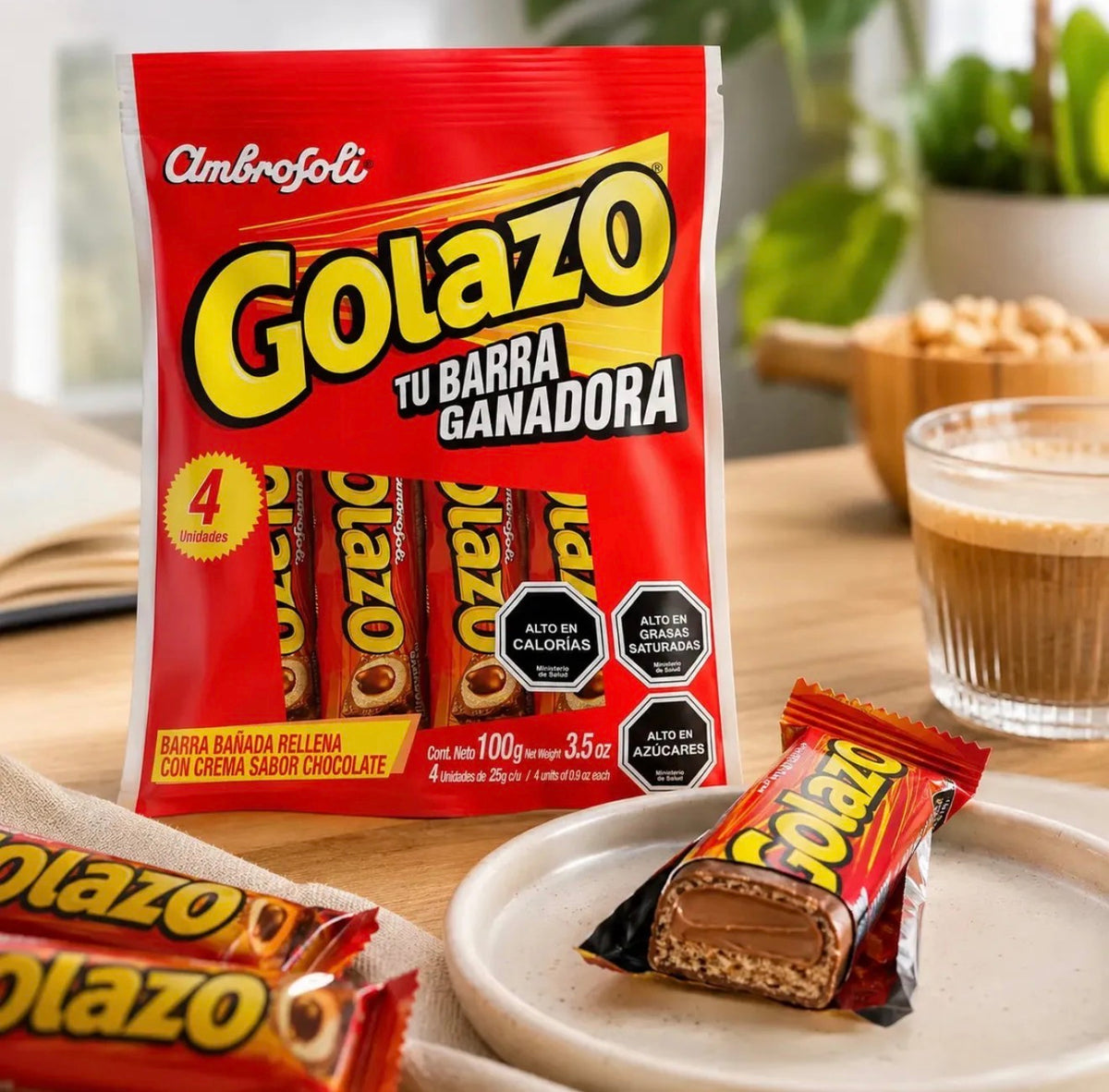 Pack 4 un de 25 gr C/U Barra bañada sabor chocolate Golazo Ambrosoli