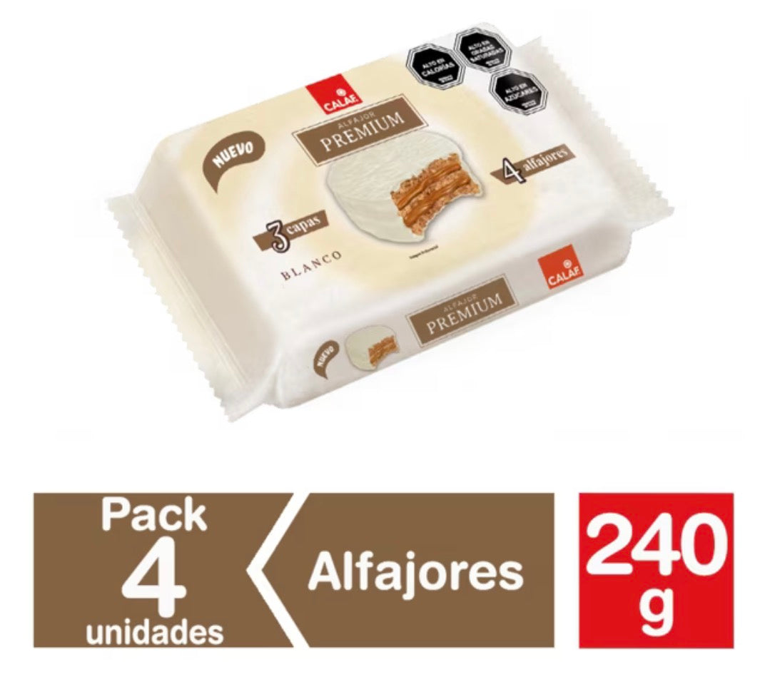 Alfajor chocolate Blanco Premium Pack 4Un Calaf , 240