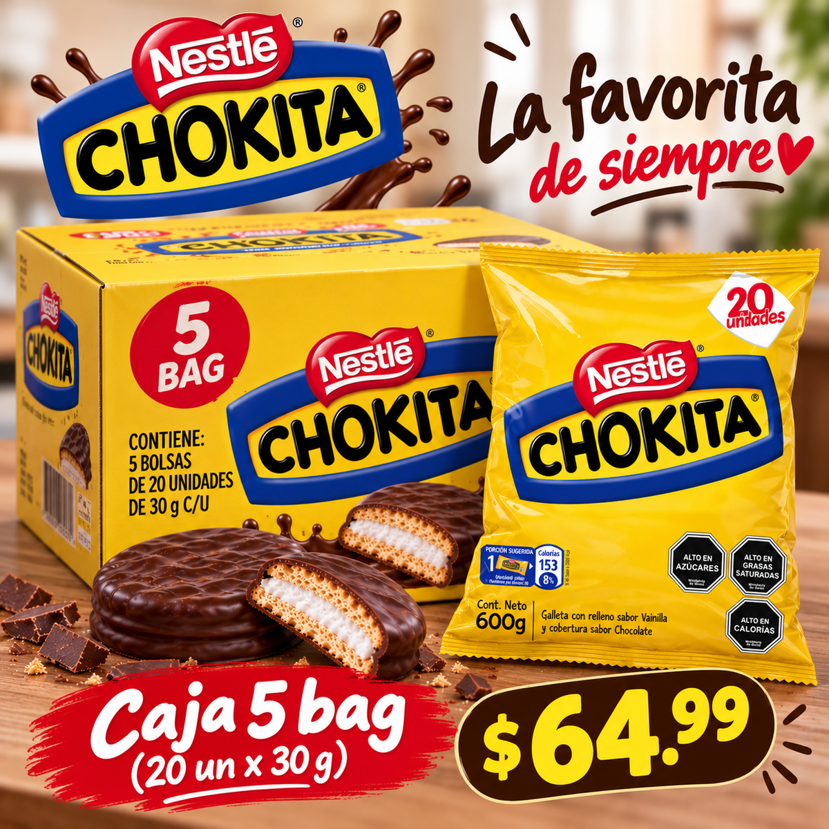 Oblea Chokita Nestle ex negrita chocolate Caja 5 bolsas (20 un x 30g)