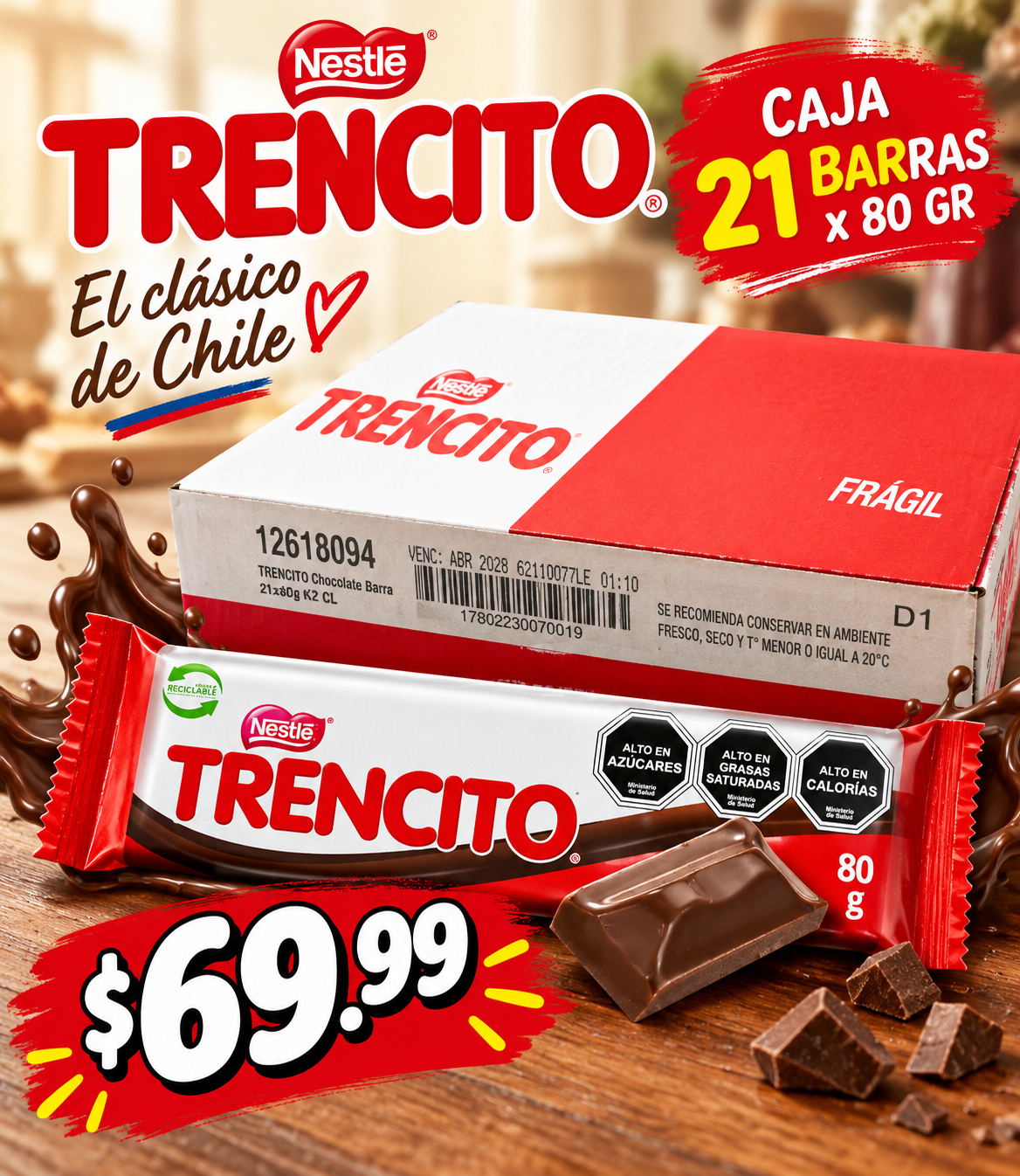 Chocolate 🍫 Trencito Nestlé chile 80 gr ( 21 un x 80 gr )